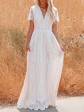 cheap White Lace Dresses-Women's Maxi Dress White Lace Dress Elegant Fashion Modern Outdoor Vacation Going out Regular Fit Plain Short Sleeve V Neck White Summer Spring