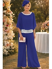 billiga Mammas byxdräkter-Tvådelad Byxor Golvlång Klänning till brudens mor Halvlång ärm Båthals Elegant Vintage Enkel Bröllopsgäst Helgdag Formell kväll Chiffong med Paljett
