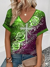 abordables Top jour de l’indépendance-Jour de l'Indépendance Américaine Femmes T-shirt Imprimé Fleuri Graphique Drapeau ancien Occasionnel Manche Courte Col en V Hauts Réguliers Quotidien Week-end Vêtements de vacances Bleu Vin Vert Ét