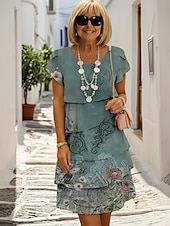 billige Kunst og Design Kjoler-Dame Mini kjole Uformell kjole Print kjole Peplum kjoler Elegant Mote Moderne utendørs Feriereise Ut på byen Normal Blomstret Kortermet Crew-hals Blå Sommer Vår