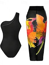 baratos Fatos de Banho 1 Peça-Mulheres Roupa de Banho 2 partes Monoquíni Saia roupa de banho Compressão abdominal Cintura Alta Delgado Frente Única Férias Roupa de Praia Floral Pescoço Assimétrico Sem Manga Fatos de banho