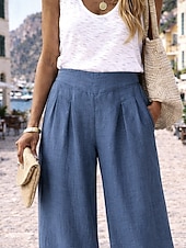 preiswerte Unterteile-Damen Kunstbaumwollleinen Weites Bein Chinos Sommerhose Urlaub Basic Lässig Volle Länge Hohe Taille Einfach Tasche Elastischer Bund Bequem Weich Mikroelastisch Täglich Outdoor Straße Navy-Blau Sommer