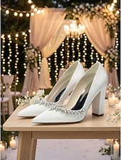 cheap Bride-Women's Nude Chunky Heeled Wedding Shoes with Crystal Detail - Elegant Bridal Heels for Garden Weddings