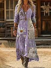 economico Abito Boho Etnico-Per donna Abito maxi Abito Boho Abito Vintage Vestito Casual Vintage Quotidiano All'aperto Vacanza Vestibilità regolare Floreale Manica Lunga Scollo a V Blu Giallo Chiaro Verde chiaro Viola chiaro