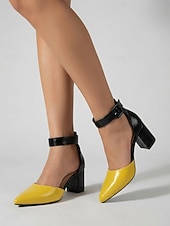 お買い得  ブロックヒールパンプス-レディースのシックなイエローとブラックのカラーブロックパンプス - 快適なポインテッドトゥのブロックヒール、アンクルストラップ付きで、毎日のオフィスやビジネスカジュアルに最適 &amp;モダンなストリートスタイル