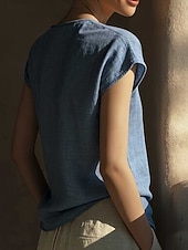 cheap Essential Faux Shirts-Women's T Shirt Cotton Linen T Shirt Faux Cotton Linen Tee Top Patchwork Plain Classic Casual Short Sleeve V Neck Regular Tops Daily Going out Weekend Sky Blue Apricot Gray Summer Spring