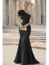 economico Abiti da Sera Sirena-Sirena Tromba Lunghezza al pavimento Abito da Sera Elegante Senza Maniche Monospalla Matrimonio Formale Raso Elasticizzato con Fiori 3D