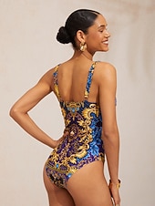 economico Costumi da bagno di stilisti-Costume da bagno intero elasticizzato blu notte barocco