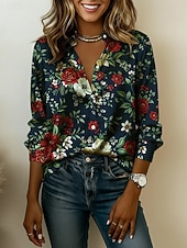  Women's Shirt Satin Shirt Print Floral Graphic Vacation Casual Long Sleeve Shirt Collar Regular Tops Daily Holiday Going out Navy Blue Summer Spring Fall
