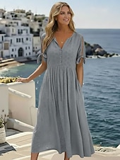 tanie Białe koronkowe sukienki-Damskie Sukienka midi Biała sukienka Sukienka A line Plisowana sukienka Zwykła sukienka Elegancja Moda Nowoczesny Codzienny Na zewnątrz Plaża Luźna Równina Krótki rękaw W serek Niebieski Czarny Biały