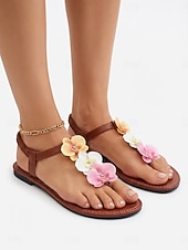 tanie Płaskie sandały-Damskie sandały w stylu boho z kwiatowym wzorem w kształcie litery T – wygodne czarne buty do chodzenia z kolorowymi, trójwymiarowymi kwiatowymi akcentami i elastycznym paskiem z tyłu, idealne na wakacje na świeżym powietrzu, letnie festiwale i wycieczki