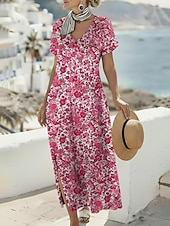 economico Abito Boho da Vacanza-Per donna Abito maxi Abito Boho Vestito Casual Abito a trapezio Abito Stampato Vintage All'aperto Vacanza Weekend Vestibilità regolare Floreale Grafico Manica Corta Scollo a V Blu Viola Fucsia