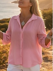 cheap Shirts-Women's Shirt Solid Color Plain Stylish Casual Long Sleeve Shirt Collar Regular Tops Daily Holiday Buttons Blue White Yellow Pink Summer Spring