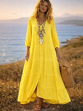 abordables Robes-Femmes Robe Maxi Robe maxi Robes effet lin Robe Chemise Robe d'Été Robe Caftan Vacances Basique Moderne Quotidien Week-end Coupe Ample Uni Manche 3/4 Col en V Bleu Blanche Jaune Été Printemps