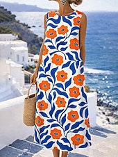 baratos Vestidos Florais-Mulheres Vestido midi Vestido de turno Vestidos Para o Verão Vestido A Line Férias Casual Boho Praia Festa Normal Floral Gráfico Sem Manga Gola Redonda Azul Amarelo Rosa Vermelho Verão Primavera