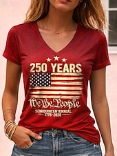  día de la independencia americana Mujer Camiseta Estampado Graphic Bandera Vintage Elegante Clásico Manga Corta Escote en Pico Tops regulares Diario Rojo óxido Negro Blanco Rojo Verano Primavera