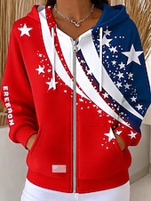 abordables Día de la Independencia Top-Mujer Sudaderas con cremallera Cremallera Bolsillo Estampado Graphic Moda Casual Manga Larga Con Capucha Tops regulares Calle Uso Diario Rojo Primavera Otoño
