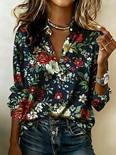  Women's Shirt Satin Shirt Print Floral Graphic Vacation Casual Long Sleeve Shirt Collar Regular Tops Daily Holiday Going out Navy Blue Summer Spring Fall