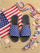  Damsandaler med stjärnmönster och USA-motiv för 250-årsjubileum - patriotiska blå platta sandaler med stjärnmönster för självständighetsdagen 2026 och strandsemester &patriotiska parader