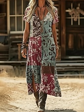 halpa Etninen Boho Mekko-Naisten Maksimekko Boho-mekko Rento mekko A linjainen mekko Painatus mekko Muoti Moderni ulko- Loma Viikonloppu Loose Fit Kukka Kuvitettu Lyhythihainen V kaula-aukko Laivastosininen Purppura Apila