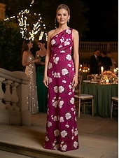 cheap Sheath Evening Dresses-Sheath Column Floor Length Print Dress Evening Gown Prom Dresses Evening Gown Ball Gown Formal Dress Elegant Vintage Sleeveless One Shoulder Garden Party Wedding Satin with Floral Print