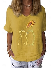 preiswerte Hemden-Damen Baumwoll Mischung Bluse Patchwork Druck Grafik Stilvoll Klassisch Modern Kurzarm V Ausschnitt Normale Oberteile Täglich Ferien Ausgehen Weiß Gelb Dunkelblau Grau Leicht Blau Sommer Frühling