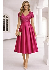 cheap Cocktail Dresses-A-Line Tea Length Cocktail Dresses Elegant Short Sleeve V Neck Garden Party Wedding Satin Sequined with Pleats Sequin