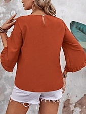 abordables Blusas Elegantes-Mujer Camisa Blusa Blusa con volantes Volante Plano Elegante Clásico Moderno Manga 3/4 Cuello Barco Tops regulares Diario Festivos Noche Negro Rojo Naranja Verde Trébol Albaricoque Verano Primavera
