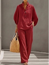 baratos Conjuntos Co-ord Falsos Essenciais-Mulheres Conjuntos de linho de algodão Manga 3/4 Colarinho Chinês Côr Sólida Diário Angustiado Casual Diário Preto Amarelo Vinho Verão Ajuste Largo