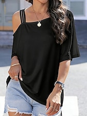 abordables T-shirt uni-Femmes T-shirt Œillet Uni Mode Élégant Classique Manche Courte Col asymétrique Hauts Réguliers Quotidien Sortir Week-end Bleu Noir Blanche Rose Claire Fuchsia Été Printemps