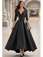 baratos Vestidos de Festa em A-Linha A Longo Vestido formal Vestidos de noite Elegante Manga Longa Decote V Carnaval Formal Bolsos Cetim com Miçangas Apliques