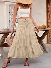 billige Vanlige skjørt-Dame Ferieskjørt Mote Fritid Midi Høy Midje Skjørt عادي Rynket Snorer Mikroelastisk Daglig Gate Kakifarget Sommer Nylon Viskose