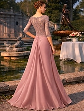 abordables Largo del piso-Funda Columna Hasta el Suelo Vestido Invitada Boda Vestido formal Vestido de noche Vestido de Madrina Manga 3/4 Escote Cuadrado Elegante Fiesta Formal Invitado a la boda Gasa Encaje con Lentejuela