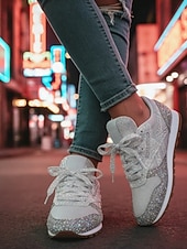 cheap Women's Sneakers-Women's Silver Glitter Sneakers with Rhinestone Embellishments, Lace-Up Low-Top Mesh Fashion Sneakers, Flat Sole Shoes for Fashion-Forward Women, Party, Casual Streetwear &amp; Evening Events