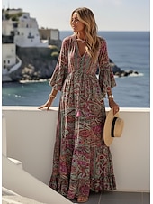 preiswerte Urlaubs Boho Kleid-Damen Maxikleid Boho-Kleid Freizeitkleid Schwingkleid A Linie Kleid Vintage Lässig Täglich Normale Passform Blumen Langarm V Ausschnitt Blau Rote Purpur Orange Sommer Frühling Herbst