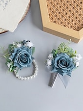 abordables Mariage ACC-Ensemble boutonnière et bracelet de mariée pour homme, en polyester bleu clair à motif floral artificiel, idéal pour les mariés, les bals de fin d'année, les fêtes et les soirées formelles.