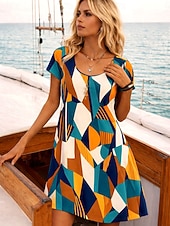abordables Vestido a Rayas y Geométrico-Mujer Mini vestido Vestido de verano Vestido estilo camiseta Vestido de una línea Vacaciones Casual Diario Playa Festivos Ajuste regular Graphic Geométrico Abstracto Manga Corta Cuello Barco Azul