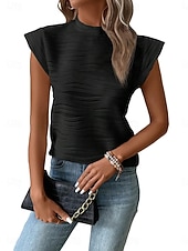 Недорогие Простая футболка-Жен. Рубашка Блуза Полотняное плетение Стиль Классика Современное С короткими рукавами Ложная шея Обычные топы Повседневные Праздники На выход Черный Белый Винный Зеленый Серый Лето Весна