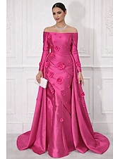 economico Abiti da ballo-Linea ad A Strascico a Terra Abito da Sera Abito da ballo con sopragonna Elegante Scintillante Floreale Manica Lunga Scollo a Barca Festa serale Matrimonio Vestito Rosa Raso con Fiore ricamato Spacco