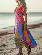  Dame Midikjole Boho-kjole Uformell kjole Kjole med A-linje Print kjole Årgang utendørs Feriereise Helg Normal Fargeblokk Kortermet V-hals Regnbue Sommer Vår