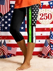  Calças capri femininas para o Dia da Independência dos EUA, leggings, moda férias, calças capri casuais de cintura alta, confortáveis e elásticas, para uso diário, férias e passeios na cidade, nas