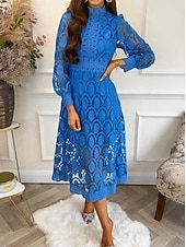 preiswerte Weiße Spitzenkleider-Damen Midikleid Maxikleid Spitzenkleid Weißes Kleid Freizeitkleid Elegant Mode Modern Outdoor Urlaub Ausgehen Normale Passform Schlank Geometrisch Langarm Hoher Ausschnitt Stehkragen Schwarz Wei