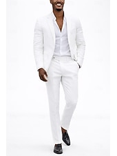 cheap Wedding Suits-Men's Linen Suits Beach Wedding White Sky Blue Spring &amp; Summer Suit Notch Lapel Formal Solid Colored Slim Fit 2 Piece Single Breasted Two-buttons