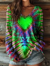 preiswerte Kunst &amp; Design T-Shirt-Damen T Shirt Druck Herz Grafik Batik Bohemien Vintage Ethnisch Langarm V Ausschnitt Normale Oberteile Täglich Blau Gelb Rote Purpur Grün Sommer Frühling Herbst