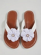 abordables Sandalias deslizantes-Chanclas blancas elegantes con estampado floral para mujer: cómodas sandalias de tiras trenzadas con detalles florales en 3D para viajes en crucero de lujo y fiestas en yate. &amp;lunas de miel en islas