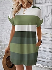 voordelige Strepen- en geometrische jurk-Dames Mini-jurk Zonnejurk Zomerjurk Atletische jurk Casual Dagelijks Verjaardag Feestdagen Normale pasvorm Grafisch Geometrisch Korte mouw Strakke ronde hals Groen Zomer Lente