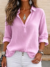 cheap Shirts-Women's Linen-feel Shirts Blouse Faux Linen Shirt Buttons Solid Color Stylish Casual 3/4 Length Sleeve V Neck Regular Tops Daily White Light Green Pink Purple Summer Spring Fall