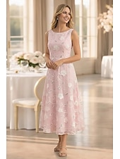 billiga Mammas klänningsset-Two Piece A-Line Dress Sets Ankle Length Wedding Guest Dress Mother of the Bride Dress Sleeveless Boat Neck Elegant Simple Embellished Formal Kentucky Derby Semi Formal Lace Jacquard Wrap Included