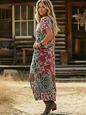 halpa Etninen Boho Mekko-Naisten Maksimekko Boho-mekko Rento mekko A linjainen mekko Painatus mekko Muoti Moderni ulko- Loma Viikonloppu Loose Fit Kukka Kuvitettu Lyhythihainen V kaula-aukko Laivastosininen Purppura Apila