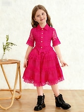 cheap Casual Dresses-2 Pieces Kids Girls' Solid Color Lace Dress Suits Set Short Sleeve Fashion Outdoor 4 years+ Summer Blue White Pink